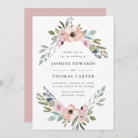 Invitation Aquarelle rose Rose poussiéreuse Cadre floral | MA (Devant / Derrière)