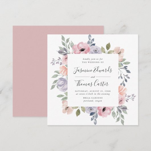 Invitation Aquarelle rose Rose poussiéreuse Floral | MARIAGE (Devant / Derrière)