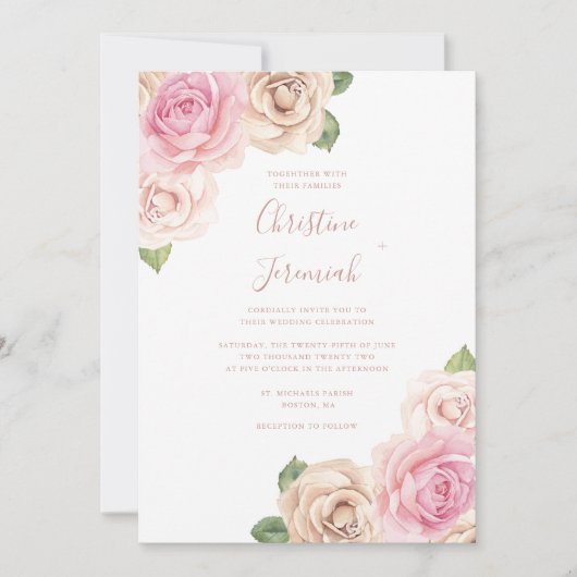 Invitation Aquarelle rose rose rose moderne Mariage floral (Devant)