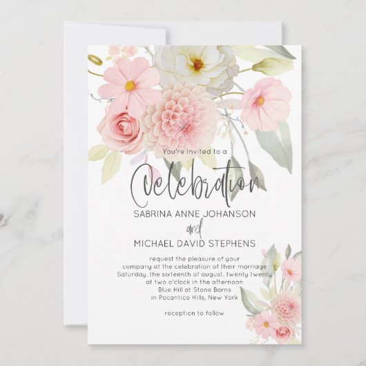 Invitation Aquarelle rose rose rustique Mariage floral (Devant)