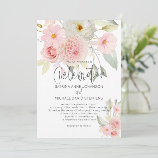 Invitation Aquarelle rose rose rustique Mariage floral (Debout devant)