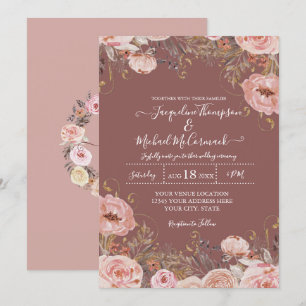 Invitation Aquarelle rose Rose rustique Verdure sèche fleurie