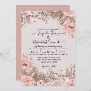 Invitation Aquarelle rose Rose vintage Foliage séché