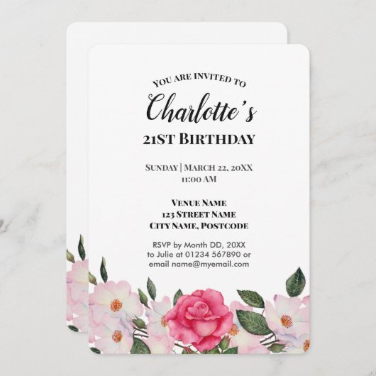 Invitation Aquarelle rose Roses blanches fête d'anniversaire (Devant / Derrière)