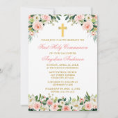 Invitation Aquarelle rose Roses Blanches Floral Or Communion (Devant)