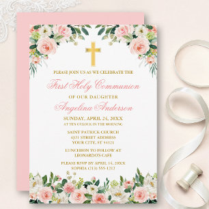 Invitation Aquarelle rose Roses Blanches Floral Or Communion