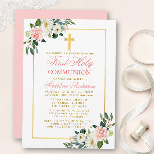 Invitation Aquarelle rose Roses Blanches Floral Première comm