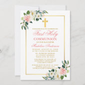 Invitation Aquarelle rose Roses Blanches Floral Première comm (Devant)