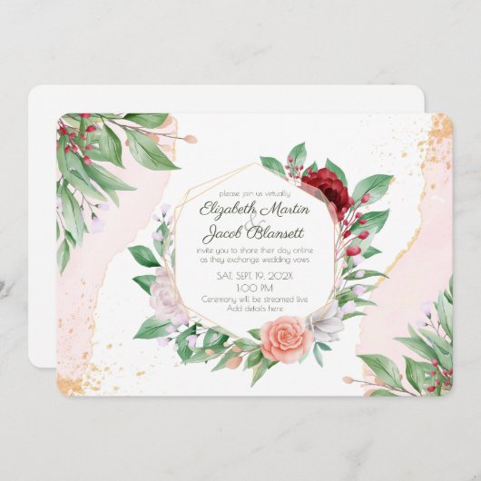 Invitation Aquarelle rose Roses et verdure Mariage virtuel (Devant / Derrière)