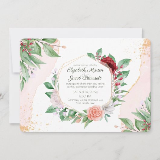 Invitation Aquarelle rose Roses et verdure Mariage virtuel (Devant)