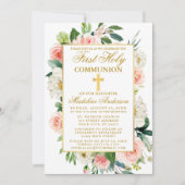 Invitation Aquarelle rose Roses Fleurs Or Première Communion (Devant)