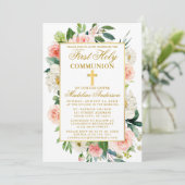 Invitation Aquarelle rose Roses Fleurs Or Première Communion (Debout devant)