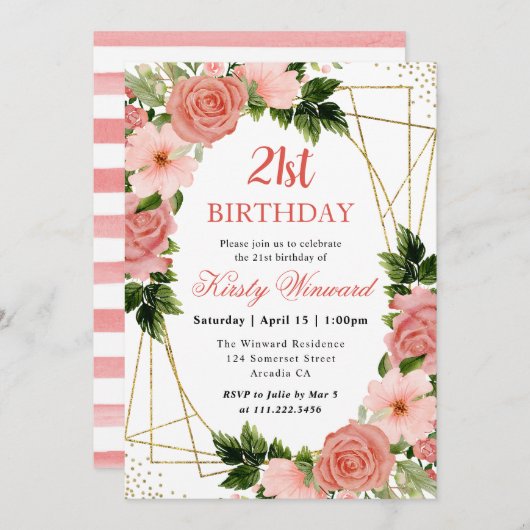 Invitation Aquarelle Rose Roses Gold Frame 21e anniversaire (Devant / Derrière)