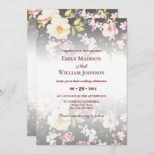 Invitation Aquarelle rose Roses jaunes, noir flou, Mariage