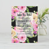 Invitation Aquarelle rose roses sur noir Enregistrer la date (Debout devant)