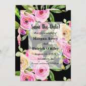 Invitation Aquarelle rose roses sur noir Enregistrer la date (Devant / Derrière)