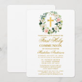Invitation Aquarelle rose Roses Wreath Gold Première communio (Devant / Derrière)