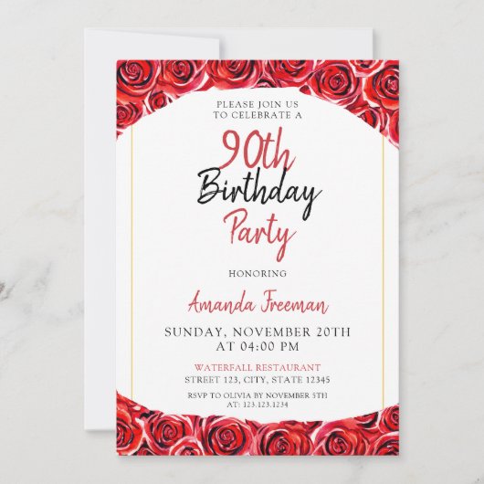 Invitation Aquarelle Rose rouge 90e anniversaire (Devant)