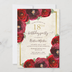Invitation Aquarelle rose rouge chic or floral 18e anniversai