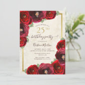 Invitation Aquarelle rose rouge chic or floral 25e anniversai (Debout devant)