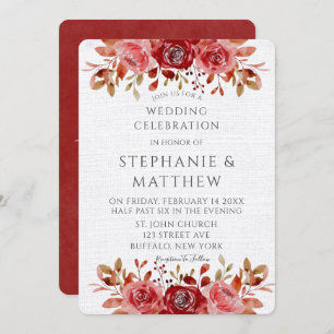 Invitation Aquarelle rose rouge pivoines lin blanc Mariage
