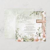 Invitation Aquarelle rose rousse fleurs rose croix en bois ba (Devant / Derrière)