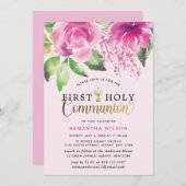 Invitation Aquarelle rose rousse Première communion sainte (Devant / Derrière)