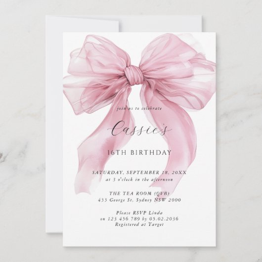 Invitation Aquarelle rose ruban Bow 16e anniversaire (Devant)