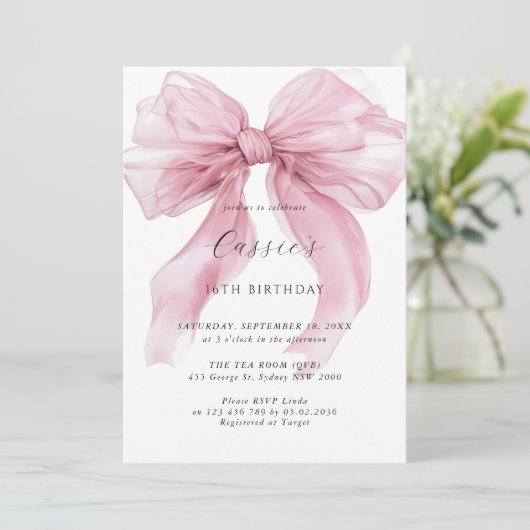Invitation Aquarelle rose ruban Bow 16e anniversaire (Debout devant)