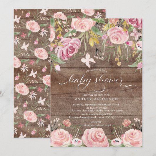 Invitation Aquarelle rose rustique Baby shower floral (Devant / Derrière)