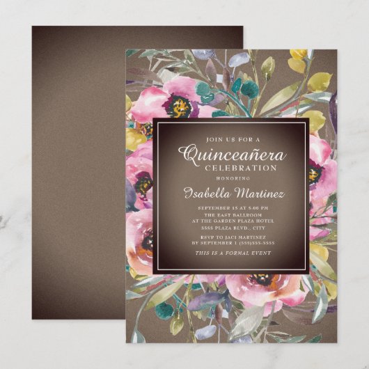 Invitation Aquarelle rose rustique Floral Brown Quinceañera (Devant / Derrière)