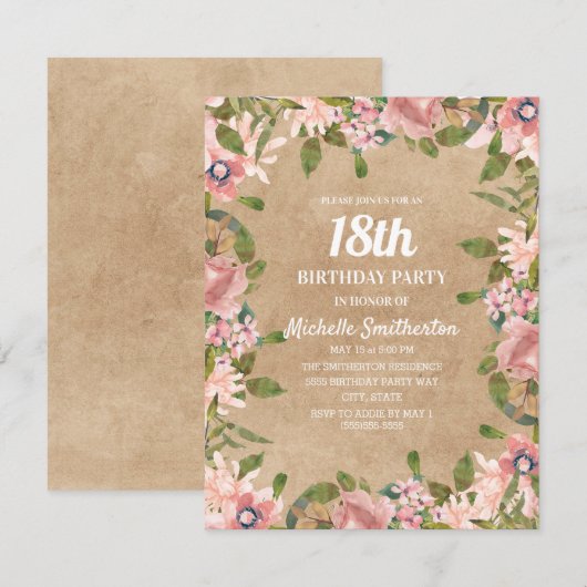 Invitation Aquarelle rose Rustique Kraft Floral 18e anniversa (Devant / Derrière)