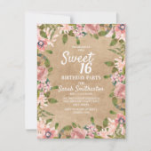 Invitation Aquarelle rose rustique Kraft Floral Sweet 16 (Devant)