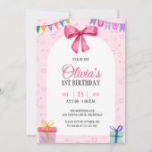 Invitation Aquarelle rose simple douce Bow Premier anniversai (Devant)