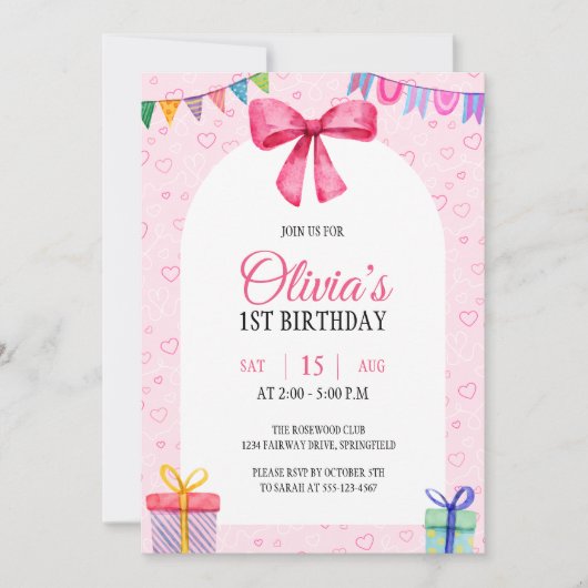 Invitation Aquarelle rose simple douce Bow Premier anniversai (Devant)