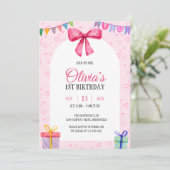 Invitation Aquarelle rose simple douce Bow Premier anniversai (Debout devant)