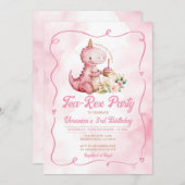 Invitation Aquarelle rose Tea-Rex Dinosaur 1er anniversaire (Devant / Derrière)
