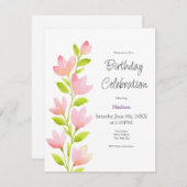 Invitation Aquarelle rose tige florale (Devant / Derrière)