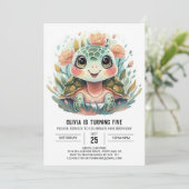 Invitation Aquarelle rose Tortue fille Anniversaire (Debout devant)