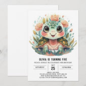 Invitation Aquarelle rose Tortue fille Anniversaire (Devant / Derrière)