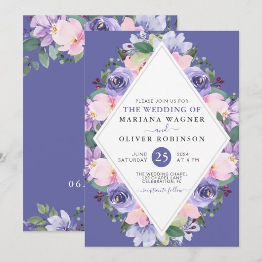 Invitation Aquarelle rose très peri violet Mariage floral (Devant / Derrière)