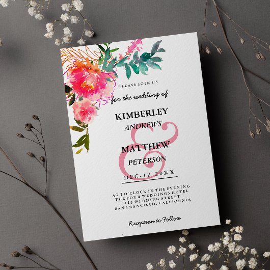 Invitation Aquarelle rose turquoise ampersan mariage floral