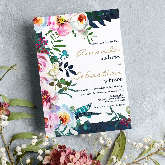 Invitation Aquarelle rose turquoise lilas vert mariage