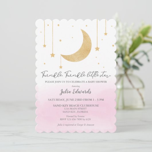 Invitation Aquarelle rose Twinkle Baby shower Little Star (Debout devant)