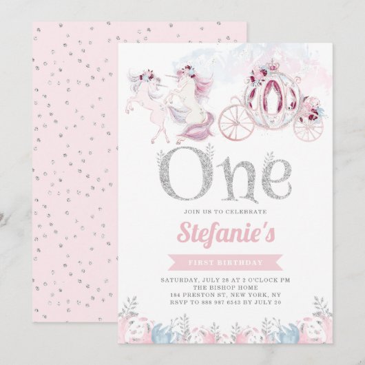 Invitation Aquarelle rose Unicorn Fairytale Premier anniversa (Devant / Derrière)