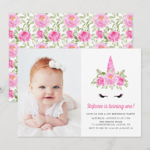 Invitation Aquarelle rose Unicorne Floral 1er Anniversaire Ph