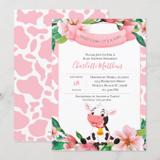Invitation Aquarelle rose Vache mignonne Baby shower Floral