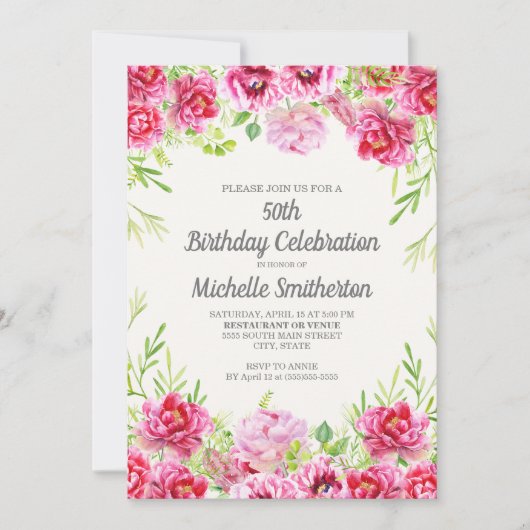 Invitation Aquarelle rose verdure fleurie 50e anniversaire (Devant)