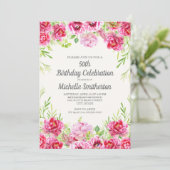 Invitation Aquarelle rose verdure fleurie 50e anniversaire (Debout devant)
