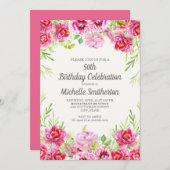 Invitation Aquarelle rose verdure fleurie 50e anniversaire (Devant / Derrière)